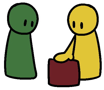 A green and yellow figure, looking at a red cube the yellow one is touching.